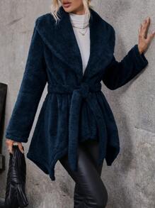 SHEIN LUNE Wrap Collar Coat With Waist Belt Fall Cloth For Women - Navy Blue - View 5
