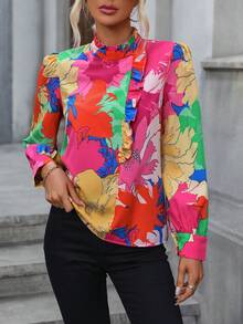 SHEIN VCAY 女款花卉印花泡泡袖襯衫 - 彩色 - 查看 5