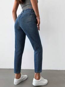 SHEIN PETITE Jeans Para Mujeres Con Corte De Cintura Alta Y Ajustados De Un Solo Color Con Bolsillo Inclinado