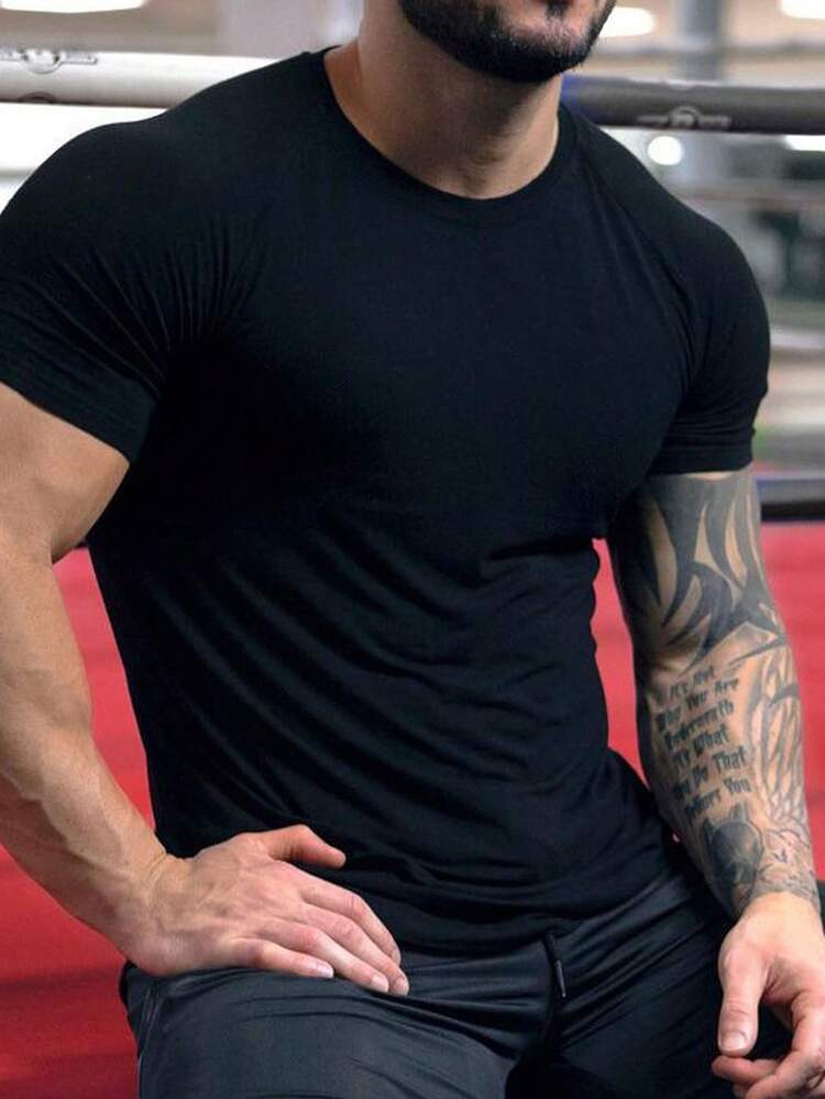 Men's Printed Black Short Sleeve Sport T-Shirt Workout Tops Compression Shirt Men
