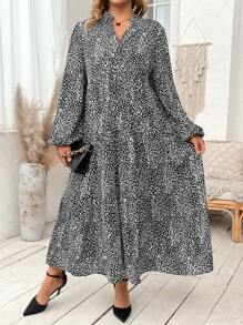 SHEIN Franclia Plus Dalmatian Print Lantern Sleeve Ruffle Hem Smock Dress - Black and White - View 1