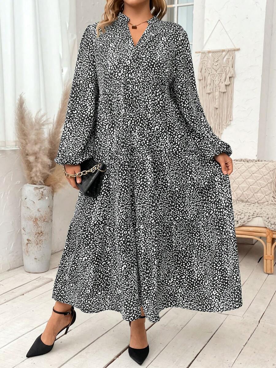 SHEIN Franclia Plus Dalmatian Print Lantern Sleeve Ruffle Hem Smock Dress - Black and White - View 1