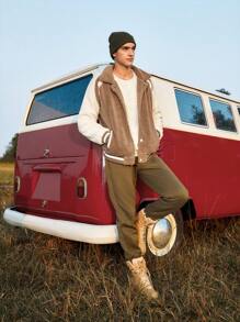 In My Nature Men Contrast Raglan Sleeve Striped Trim Outdoor Fleece Jacket - Khaki - View 7