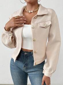 SHEIN Privé Chất rắn Thả vai Đập nhẹ Vòng cổ Áo khoác - Màu be - Xem 4