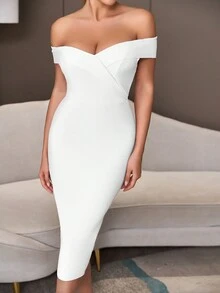Off Shoulder High Waist Bandage Bodycon Party Dress - White - View 3