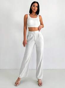 EURMUSE Solid High Waist Suit Pants - White - View 3