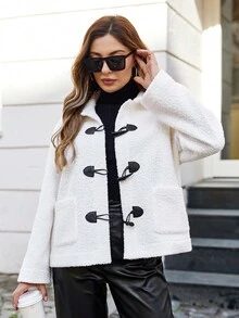 SHEIN 女士羊毛大衣,採用牛角釦設計 - 白色 - 查看 4