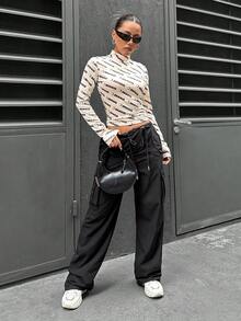 SHEIN Unity Của phụ nữ Giường đôi In Đứng cổ áo Áo thun - Màu be - Xem 3