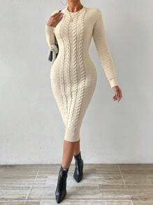 SHEIN Privé Màu thuần Đầm Áo len - Màu be - Xem 3