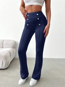 EURMUSE High Waist Button Detail Pants - Navy Blue - View 3