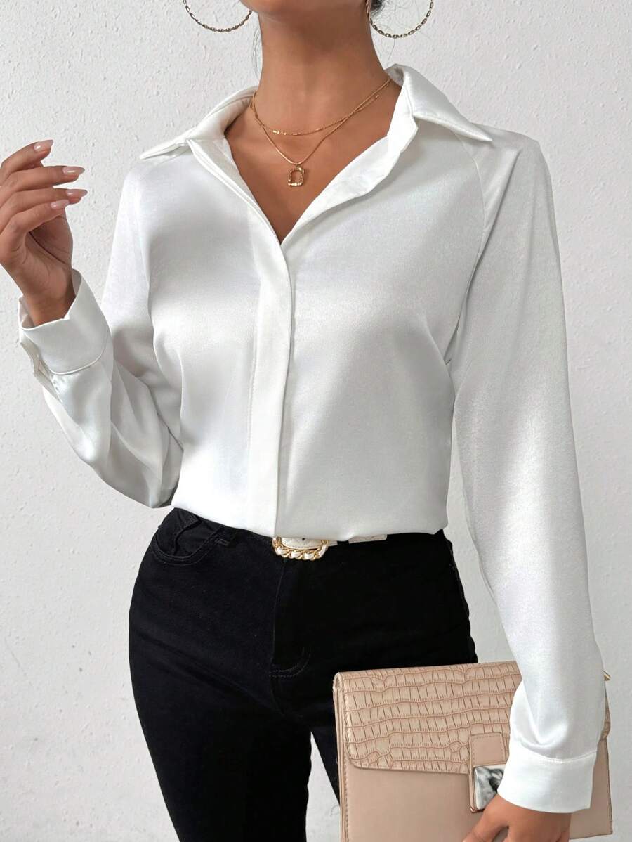 SHEIN PETITE Women's Solid Color Satin Basic Shirt With Asymmetric Hem,Long Sleeve Tops Fall Cloth For Women - White - View 1