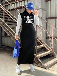 SHEIN EZwear 女款大尺碼睫毛印花高領拼色連身裙 - 黑與白 - 查看 4