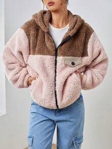 SHEIN EZwear 對比色毛茸茸女式常規外套 - 粉色 - 查看 4