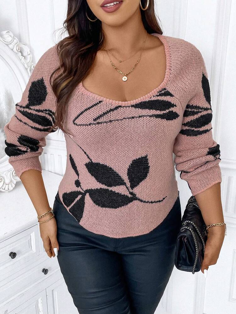 Plus Size Women's Leaf Patterned Sweater Pullover Knit Pullover Fall Winter Sweater
