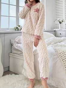 Conjunto de pijama de dos piezas con bordado de estrellas, suave y esponjoso, ropa de otoño e invierno, acogedor - Albaricoque - Ver 4