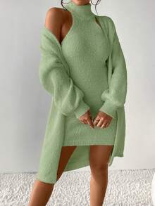 SHEIN Privé Của phụ nữ Màu thuần Áo cao cổ Thời trang Áo len - Màu xanh Bạc hà - Xem 5