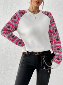 SHEIN LUNE 女士花卉拼接圓肩袖毛衣 - 杏色 - 查看 1