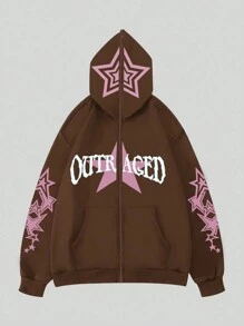 ROMWE MEN Academia Men Star Pattern Zip Up Hoodie - Bronze - View 1