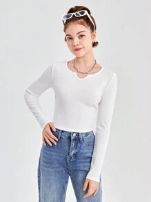 SHEIN 3pcs/Set Teen Girl Solid Color V-Neck Long Sleeve Casual T-Shirt Set - Multicolor - View 11