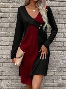 SHEIN LUNE Vestido Evasé Asimétrico Con Patchwork Bicolor - Burdeos - Ver 1