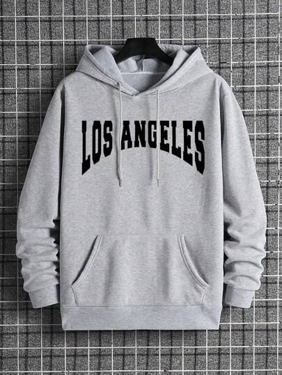 EURMUSE Men Letter Graphic Kangaroo Pocket Drawstring Thermal Hoodie