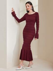 Modelyn Women's Elegant Pleated Design Sweater Dress - Burgundy - View 4