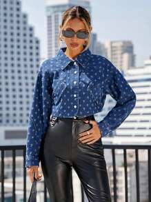 GENKIRA Women's Long Sleeve Ultra Short Denim Jacket - Dark Wash - View 6