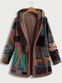 EMERY ROSE 大尺碼復古拼接印花連帽保暖外套，秋冬季節 - 綠色 - 查看 2