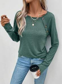 SHEIN LUNE Women's Raglan Sleeve Pullover T-shirt - Green - View 5