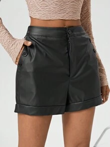 SHEIN Essnce 女式 Pu 捲邊短褲 - 黑色 - 查看 1