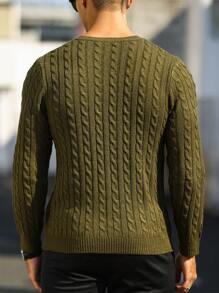 Manfinity Mode Men Solid Cable Knit Sweater Round Neck Long Sleeve Plain Green Vacation Fashion Sweater, Fall/Winter