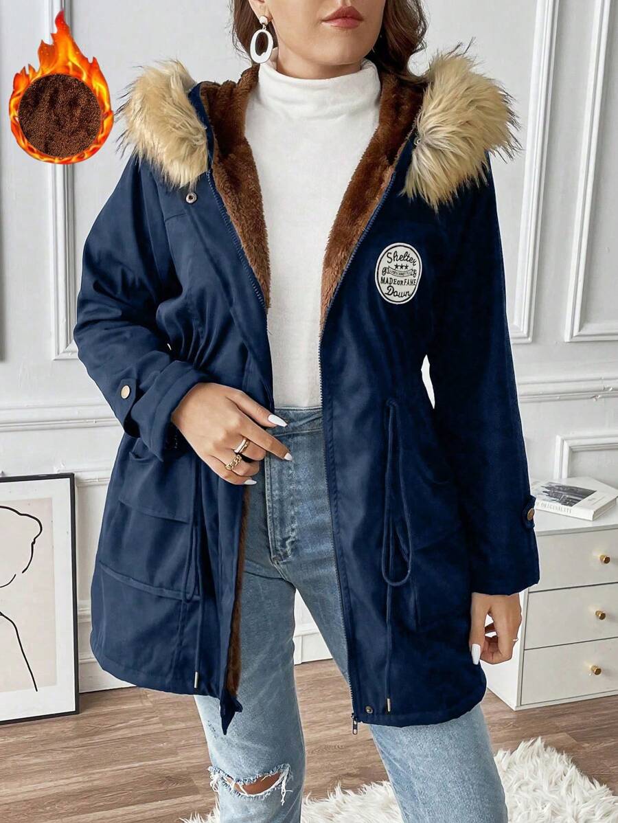 Calvaya Plus Patched Detail Drawstring Fuzzy Trim Hooded Parka Coat Cushioned Nhiệt, Cho Quần Áo Mùa Đông - Màu xanh hải quân - Xem 1