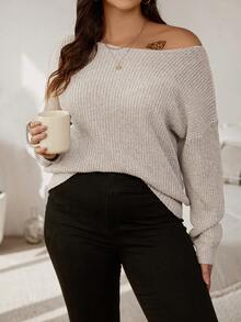 SHEIN LUNE Kích thước lớn Chất rắn Thả vai Áo len dệt kim , Áo chui đầu - Màu Khaki - Xem 3