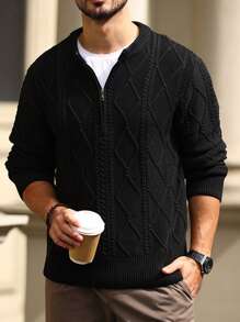 Manfinity Homme Nam Chất rắn Dây kéo nửa Xoắn Dan Áo len - màu đen - Xem 4