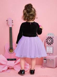 SHEIN Baby Girl Princess Velvet Spliced Mesh Round Neck Long Sleeve Belt Dress - Multicolor - View 2
