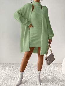 SHEIN Privé Của phụ nữ Màu thuần Áo cao cổ Thời trang Áo len - Màu xanh Bạc hà - Xem 7