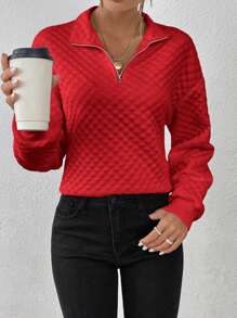 SHEIN Essnce 女款純色菱形落肩半拉鍊運動衫 - 紅色 - 查看 1