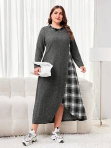 Mulvari Đầm dài tay in họa tiết kẻ sọc bất đối xứng cỡ lớn - Xám - Xem 5