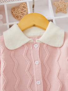 嬰幼兒女寶寶彩色拼接立領鈕前針織外套 - 粉色 - 查看 4