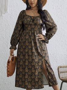 SHEIN VCAY Plus Size All Over Floral Print Sweetheart Collar Dress - Multicolor - View 2