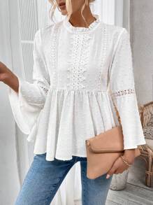 Breezaya Women's Solid Color Stand Collar Flare Sleeve Shirt Peplum Top - White - View 4