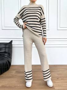 EURMUSE 女式條紋立領下垂肩毛衣2入組 - 米色 - 查看 4