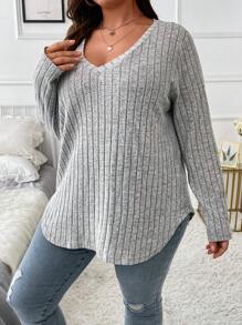 SHEIN Plus V Neck Marled Knit Tee Fall Cloth For Women - Light Grey - View 4