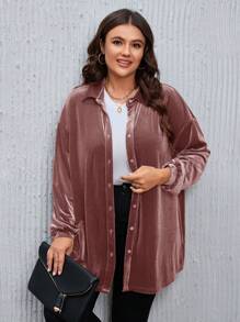 SHEIN LUNE Plus Size Fall Women Christmas Textured Fabric Mini Plaid Flannel Doll Style Shirt Top Loose Casual Shirt Tops With Sleeves Blouse, For Winter - Dusty Pink - View 1