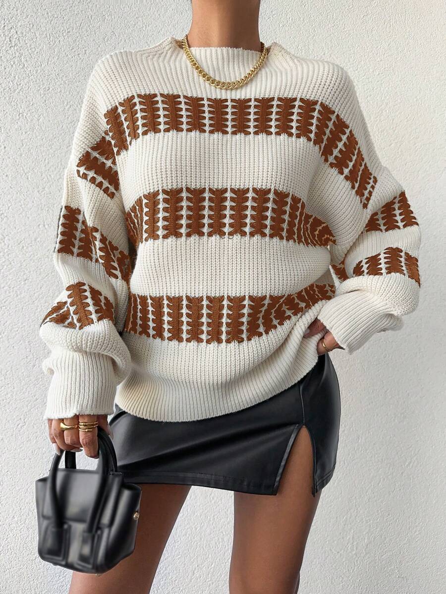 EURMUSE Women'S Contrasting Drop Shoulder Sweater - Brown - View 1