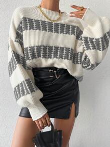 EURMUSE Women's Color Block Drop Shoulder Sweater - Grey - View 4
