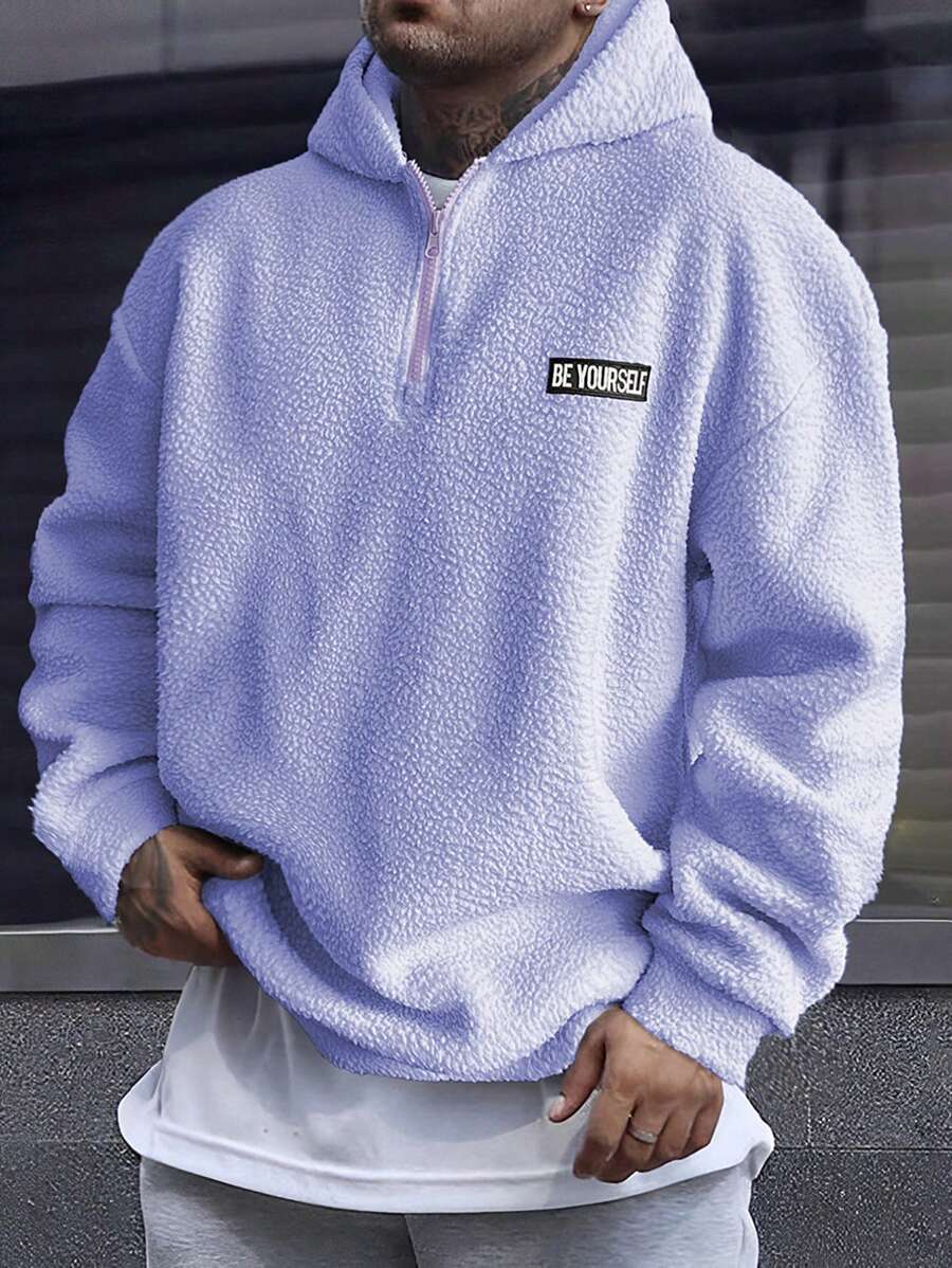 Manfinity Homme Áo hoodie Teddy rộng rãi có dây kéo vá chữ phía trước cho nam, dành cho quần vợt, áo hoodie màu tím cho nam, áo hoodie kéo khóa 1/4 cho nam, áo hoodie Sherpa cho nam - Màu tím hoa cà - Xem 1