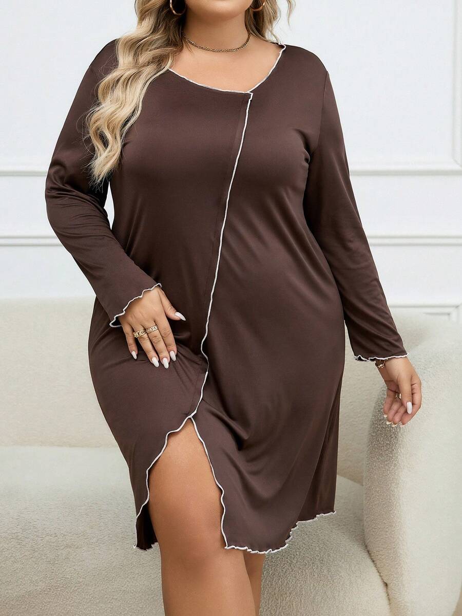 Váy ngủ xẻ tà viền ren trắng bất đối xứng cỡ lớn dành cho nữ - màu nâu - Xem 1