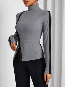 SHEIN Essnce Women's High Neck Split Hem Tee With Contrast Trim - Grey - View 1