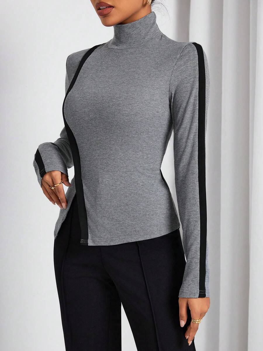 SHEIN Essnce Women's High Neck Split Hem Tee With Contrast Trim - Grey - View 1